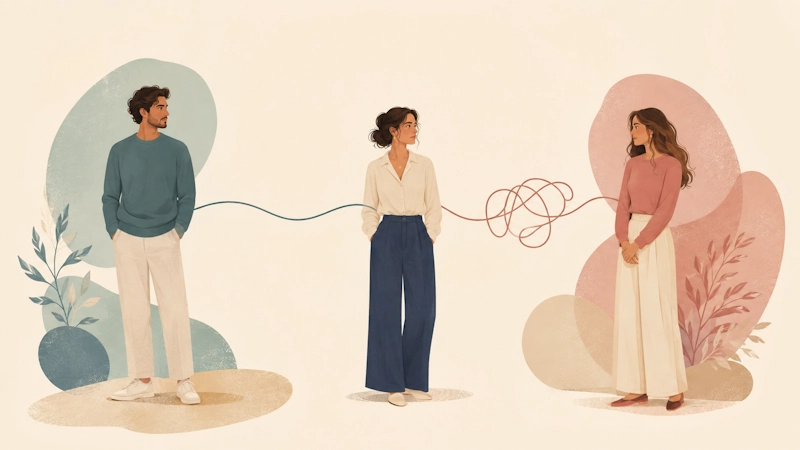 One person shown between two partners, representing how attachment dynamics can differ between relationships.
