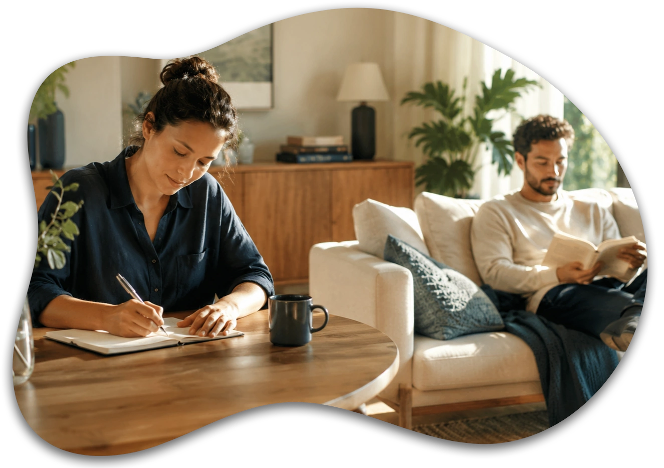 Healthy autonomy in a committed relationship A couple enjoying separate activities while relaxing together in the same room.