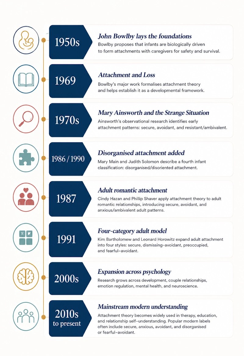 Timeline of attachment theory's development, from Bowlby's early work in the 1950s through Ainsworth's Strange Situation, adult attachment research, and modern couples therapy models.