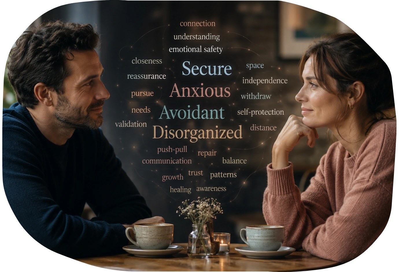 Illustration of two people with different attachment styles interacting in a relationship